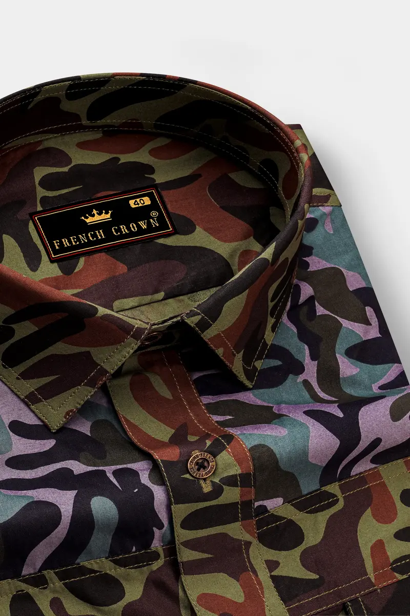 Limed Green And Thunder Black And Multicolour Camouflage Royal Oxford Designer Overshirt 4