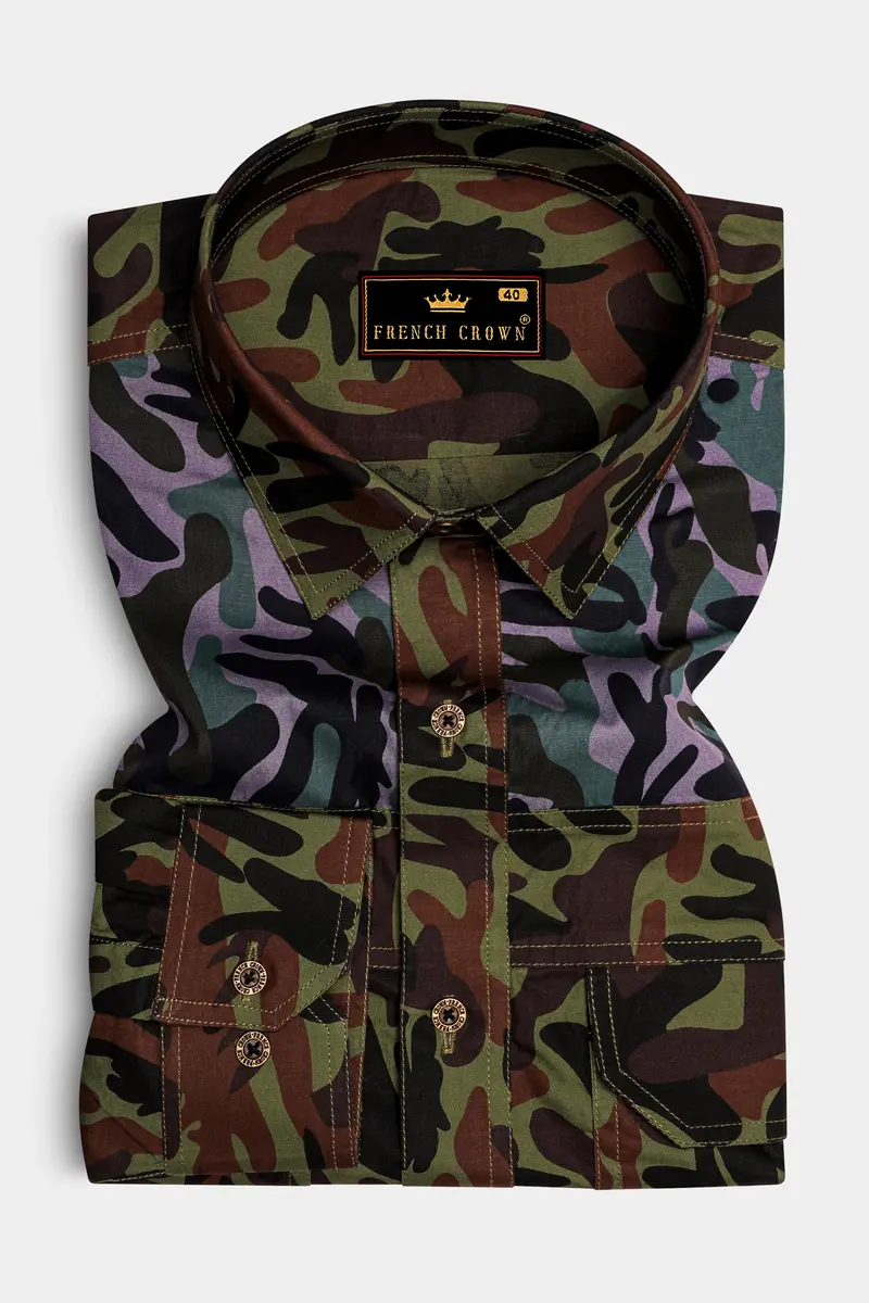 Limed Green And Thunder Black And Multicolour Camouflage Royal Oxford Designer Overshirt 5
