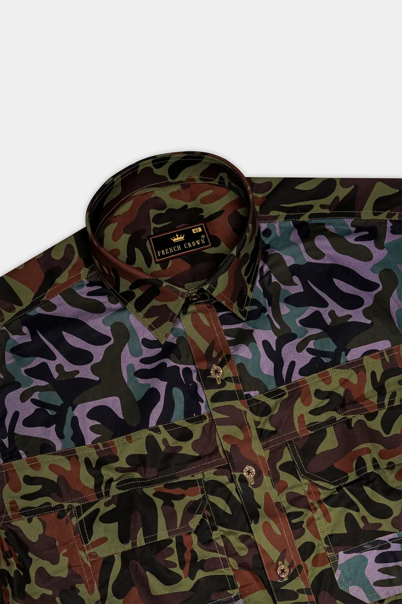 Limed Green And Thunder Black And Multicolour Camouflage Royal Oxford Designer Overshirt 6