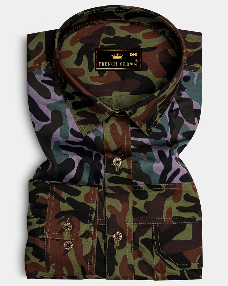 Limed Green And Thunder Black And Multicolour Camouflage Royal Oxford Designer Overshirt 8