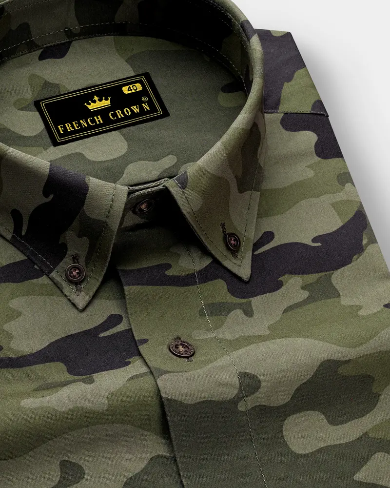 Limed Green With Bistre Brown Camouflage Printed Royal Oxford Shirt 1