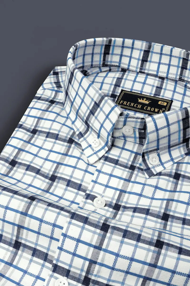Limed Spruce Blue And Metallic Blue And White Twill Plaid Premium Cotton Shirt 1