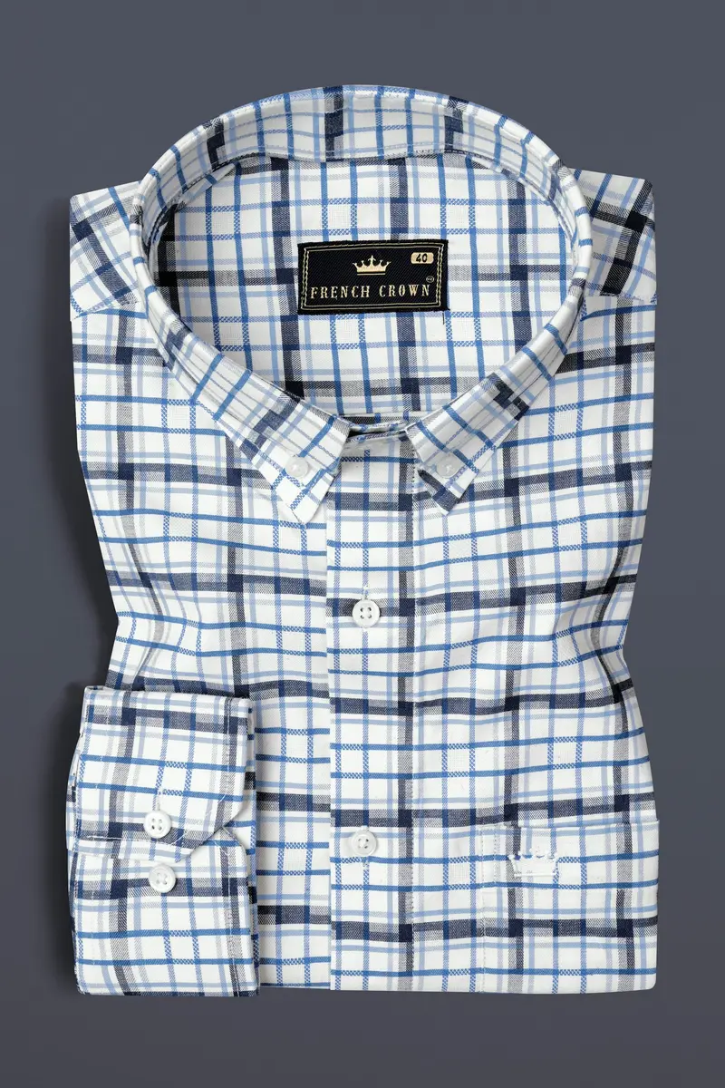 Limed Spruce Blue And Metallic Blue And White Twill Plaid Premium Cotton Shirt 3