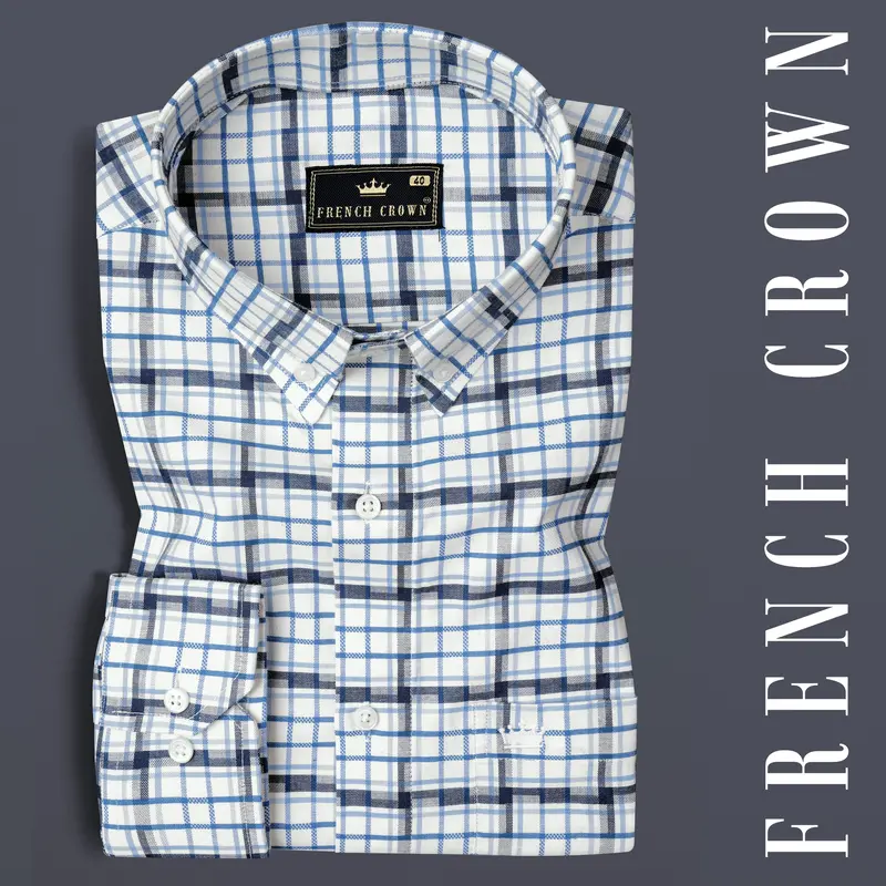 Limed Spruce Blue And Metallic Blue And White Twill Plaid Premium Cotton Shirt 6