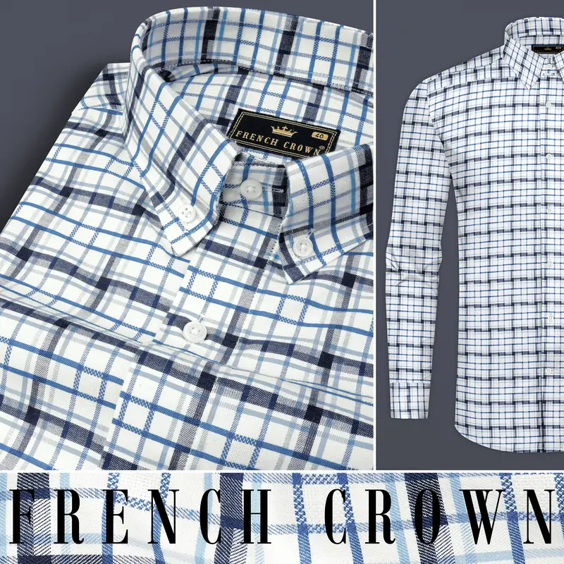 Limed Spruce Blue And Metallic Blue And White Twill Plaid Premium Cotton Shirt 9