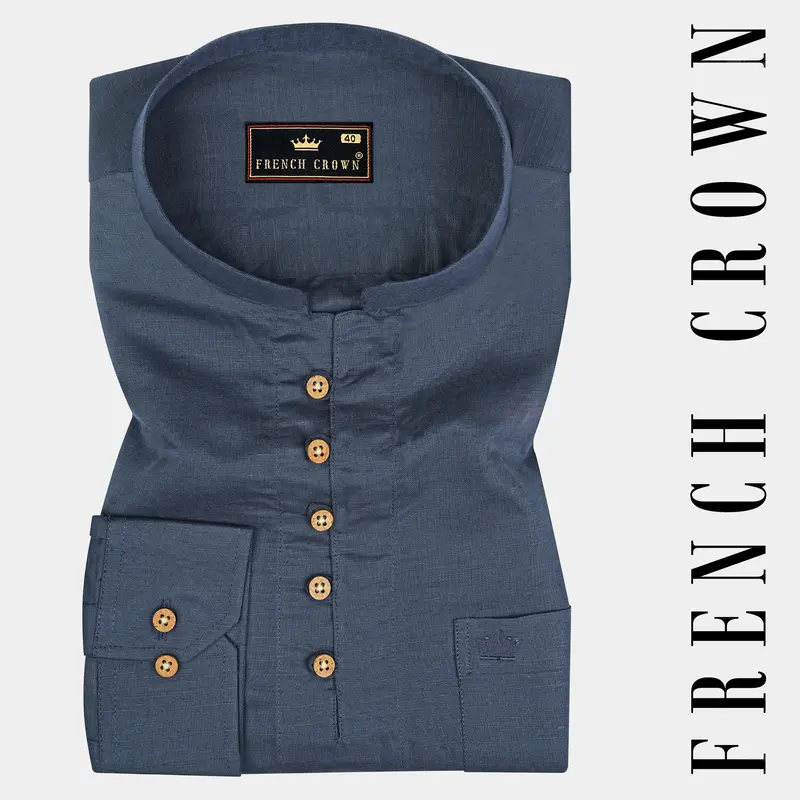 Limed Spruce Blue Luxurious Linen Kurta Shirt 1