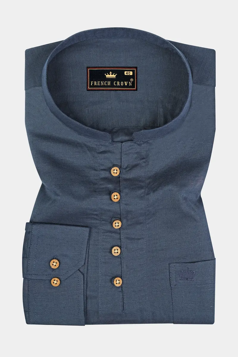 Limed Spruce Blue Luxurious Linen Kurta Shirt 2