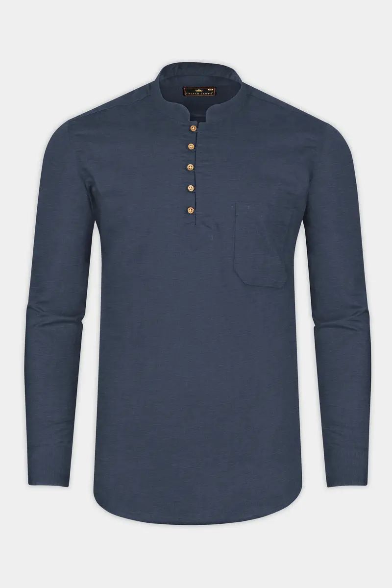 Limed Spruce Blue Luxurious Linen Kurta Shirt 5