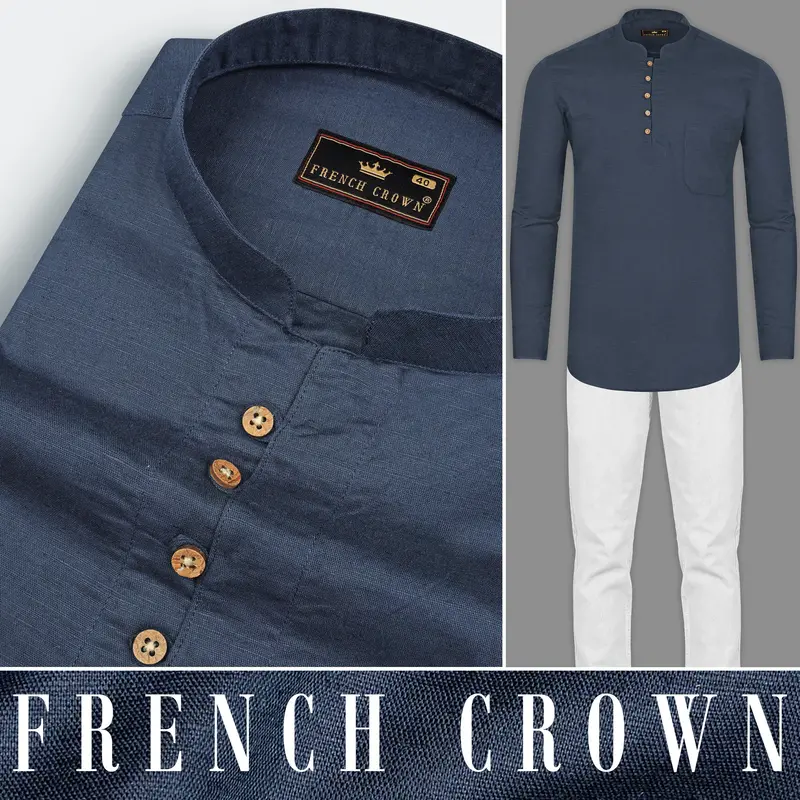 Limed Spruce Blue Luxurious Linen Kurta Shirt 9