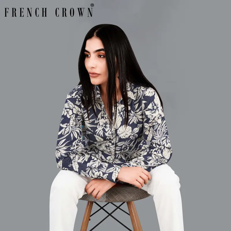 Limed Spruce Blue With Mercury Cream Floral Printed Premium Cotton Denim Shirt 1