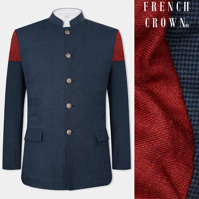 Limed Spruce Blue Wool Rich Bandhgala Designer Blazer With Houndstooth Pattern 1