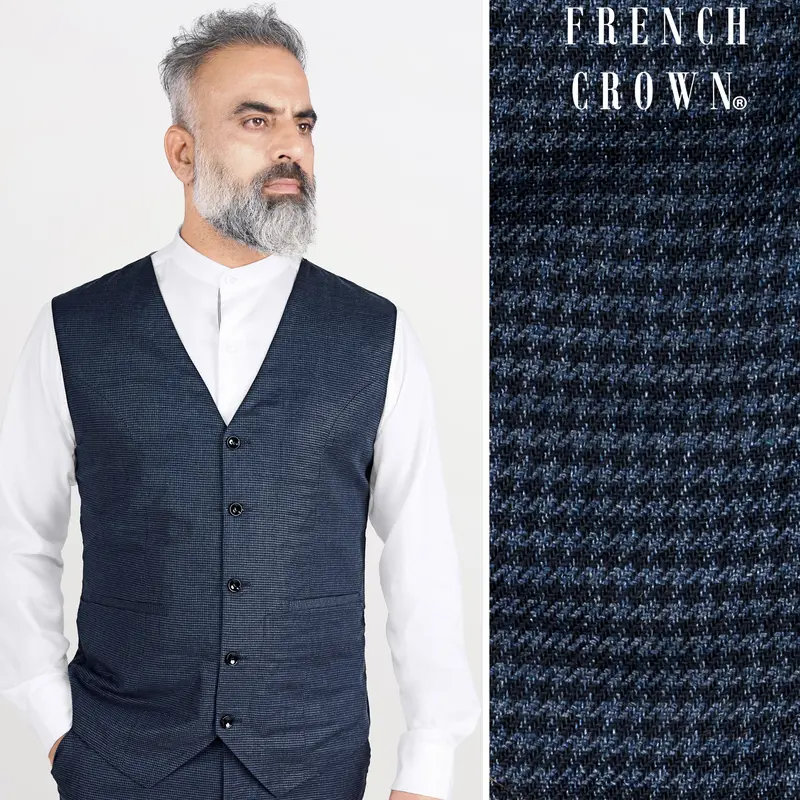 Limed Spruce Blue Wool Rich Waistcoat With Houndstooth Pattern 1