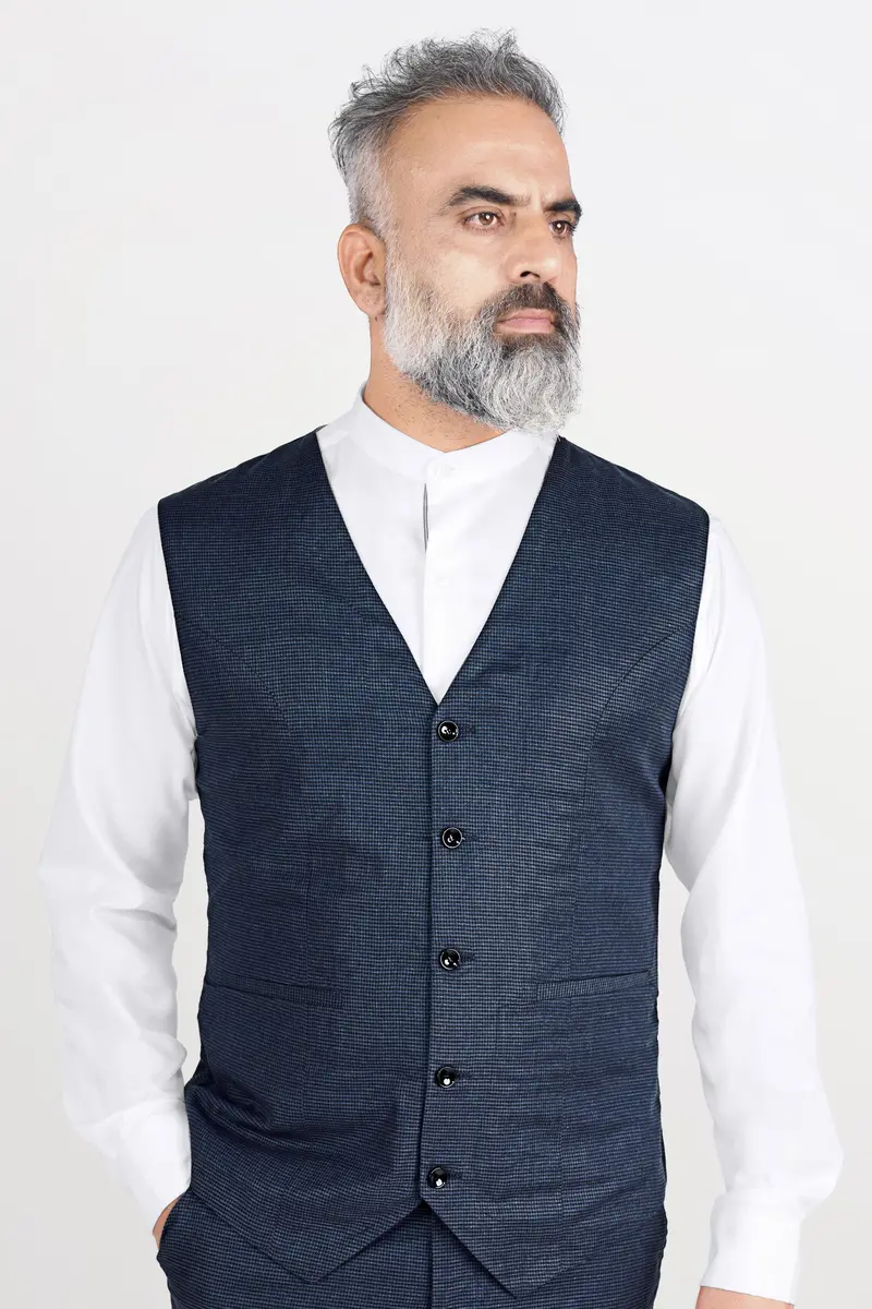 Limed Spruce Blue Wool Rich Waistcoat With Houndstooth Pattern 2