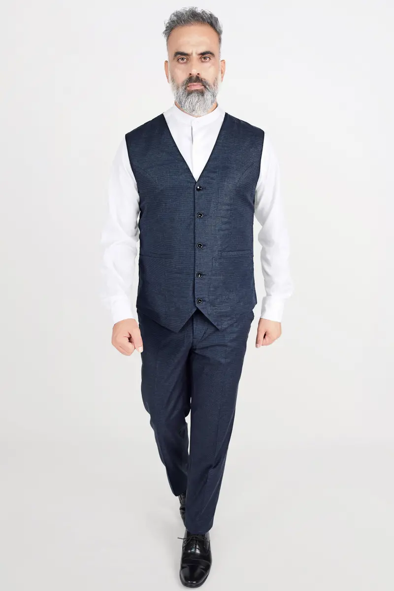 Limed Spruce Blue Wool Rich Waistcoat With Houndstooth Pattern 5