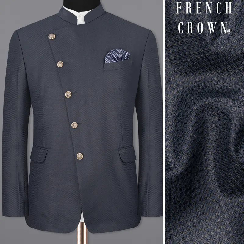 Limed Spruce Geometric Textured Cross Placket Bandhgala Blazer 1