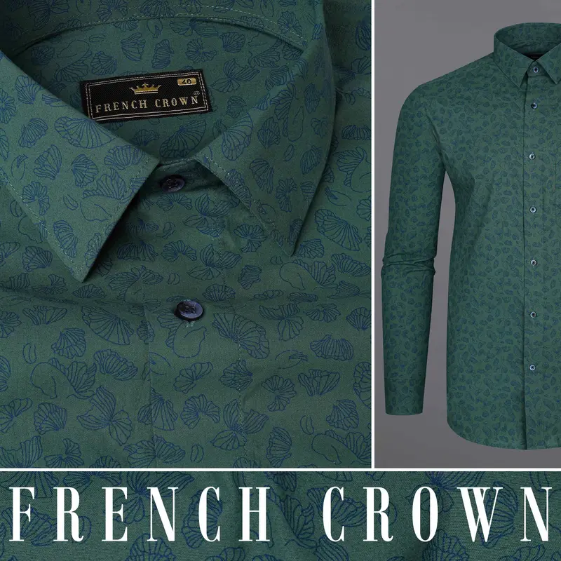 Limed Spruce Sea Green With Floral Printed Premium Cotton Shirt 10