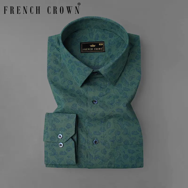 Limed Spruce Sea Green With Floral Printed Premium Cotton Shirt 7