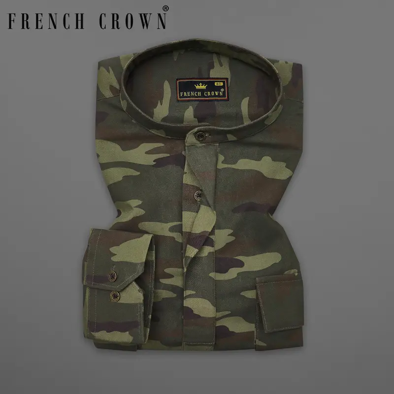 Limed With Birch Green Camouflage Mandarin Collar Royal Oxford Designer Shirt 1