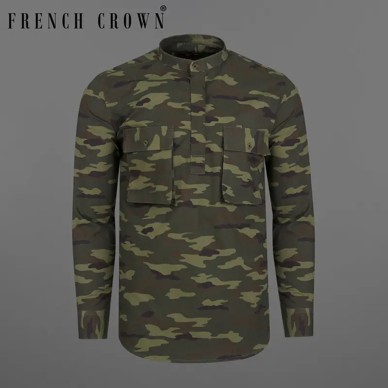 Limed With Birch Green Camouflage Mandarin Collar Royal Oxford Designer Shirt 11