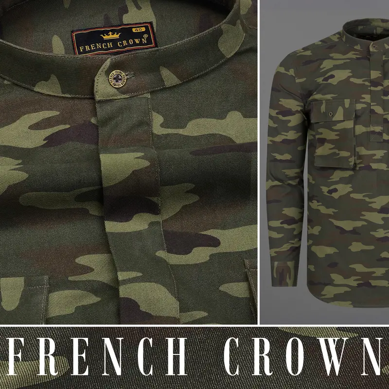 Limed With Birch Green Camouflage Mandarin Collar Royal Oxford Designer Shirt 12