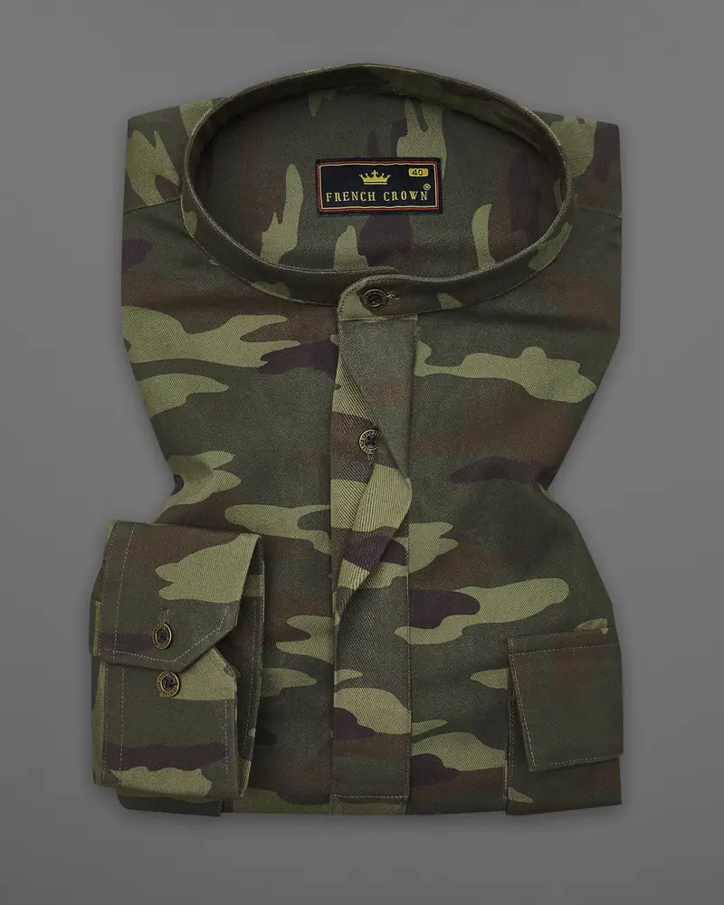 Limed With Birch Green Camouflage Mandarin Collar Royal Oxford Designer Shirt 2