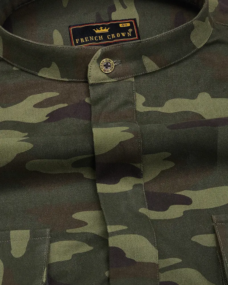 Limed With Birch Green Camouflage Mandarin Collar Royal Oxford Designer Shirt 5