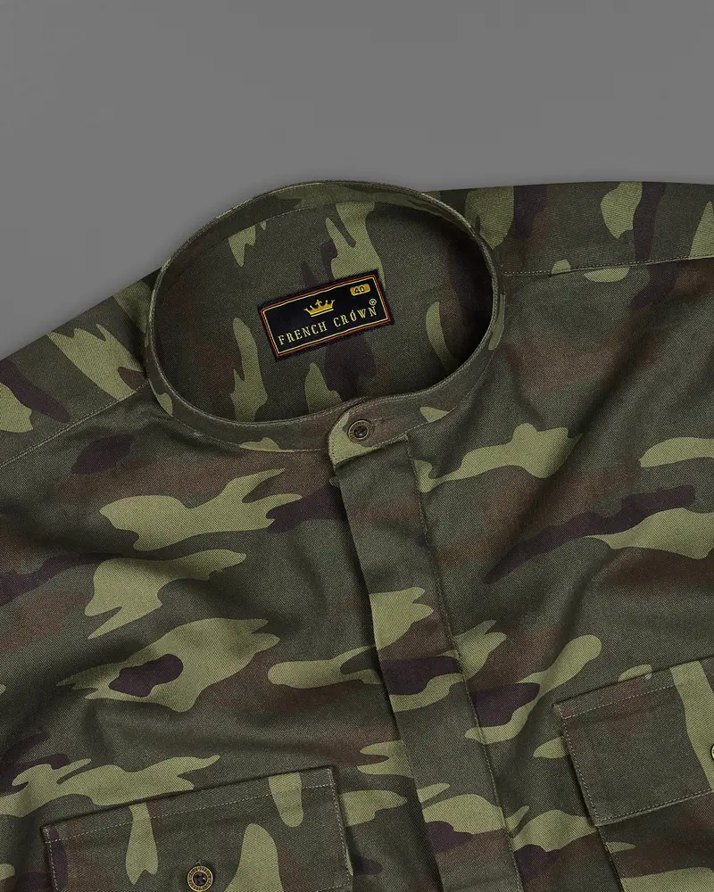 Limed With Birch Green Camouflage Mandarin Collar Royal Oxford Designer Shirt 6