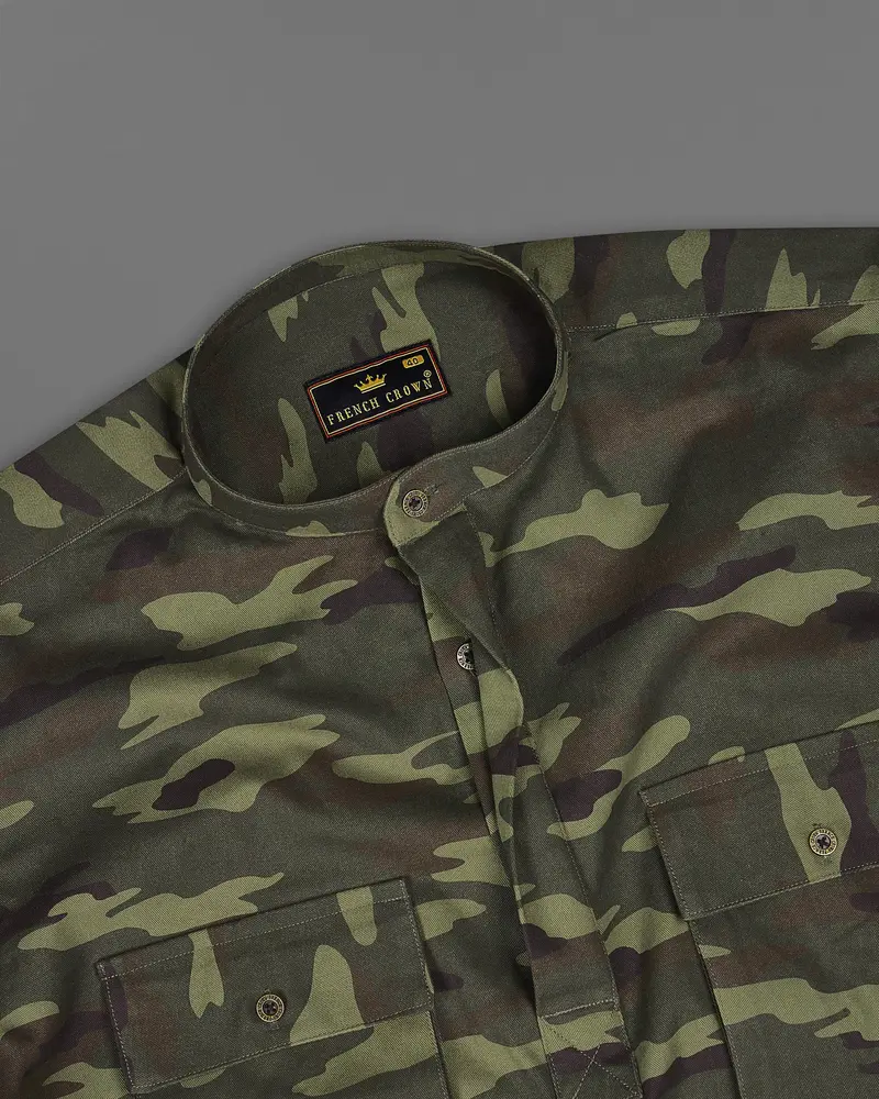 Limed With Birch Green Camouflage Mandarin Collar Royal Oxford Designer Shirt 7