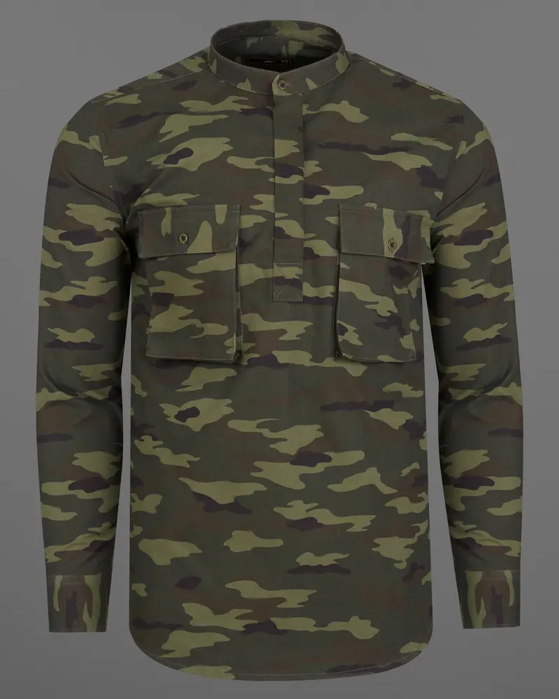 Limed With Birch Green Camouflage Mandarin Collar Royal Oxford Designer Shirt 8