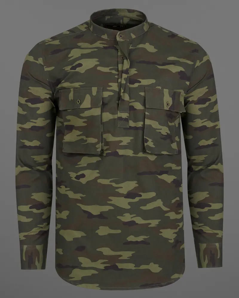 Limed With Birch Green Camouflage Mandarin Collar Royal Oxford Designer Shirt 9