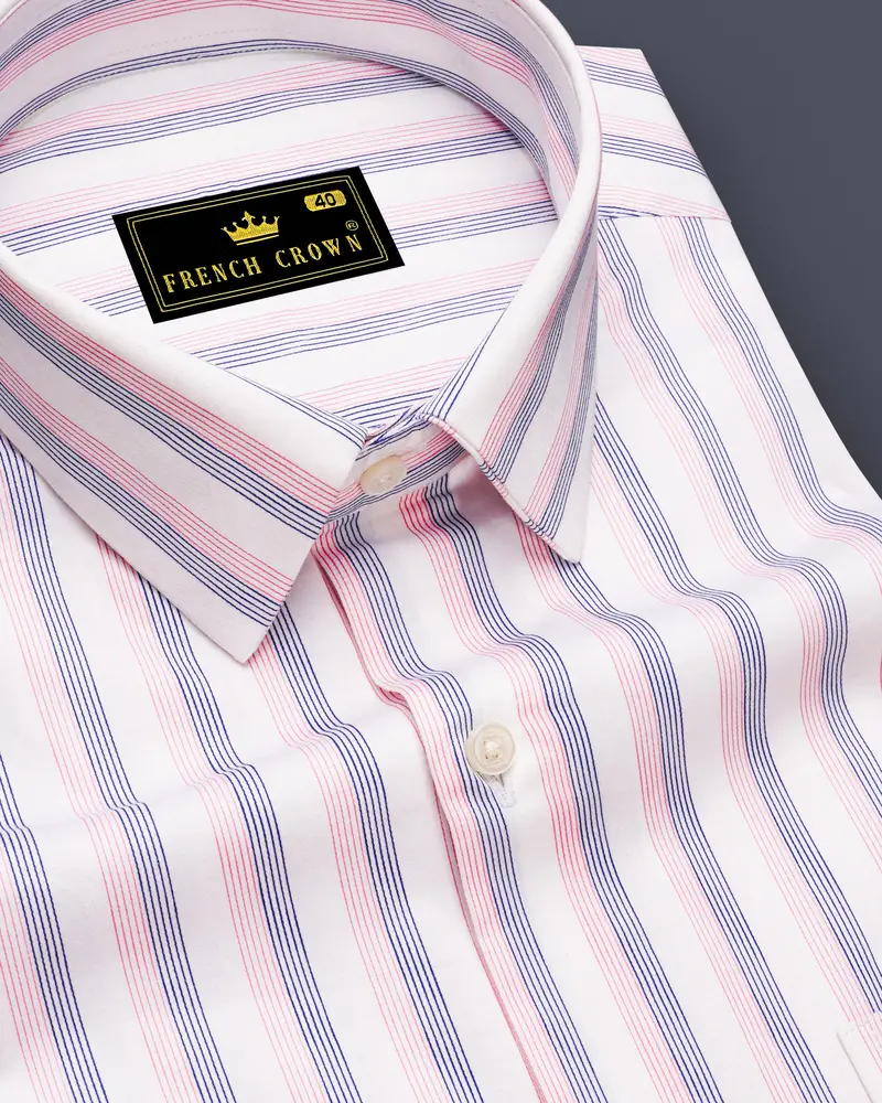 Linearo-Bright White And Flare Pink Striped Subtle Sheen Super Soft Premium Cotton Dress Shirt 1