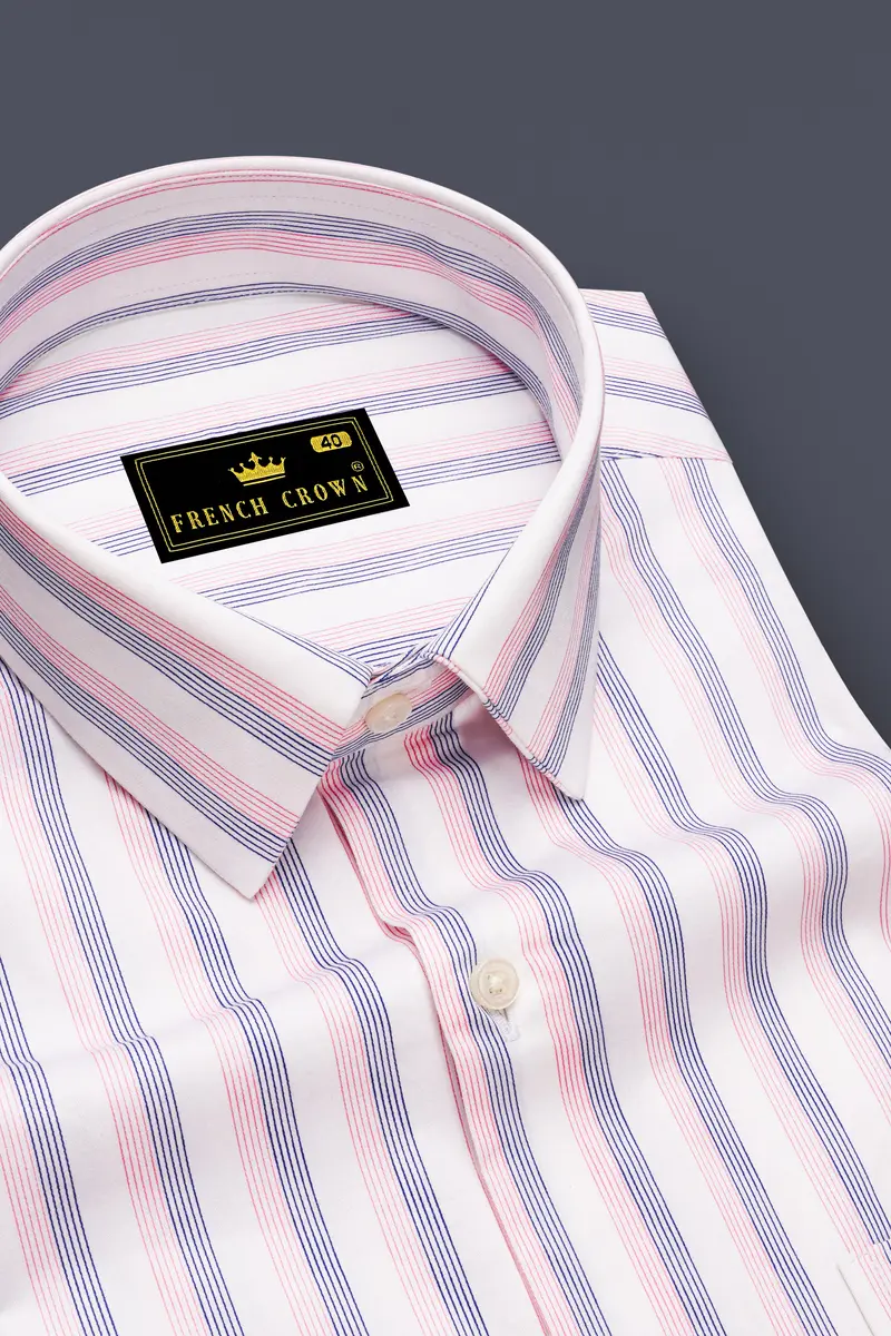 Linearo-Bright White And Flare Pink Striped Subtle Sheen Super Soft Premium Cotton Dress Shirt 2