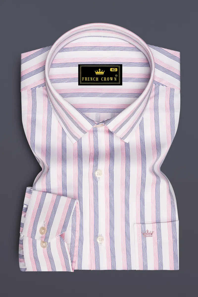 Linearo-Bright White And Flare Pink Striped Subtle Sheen Super Soft Premium Cotton Dress Shirt 4
