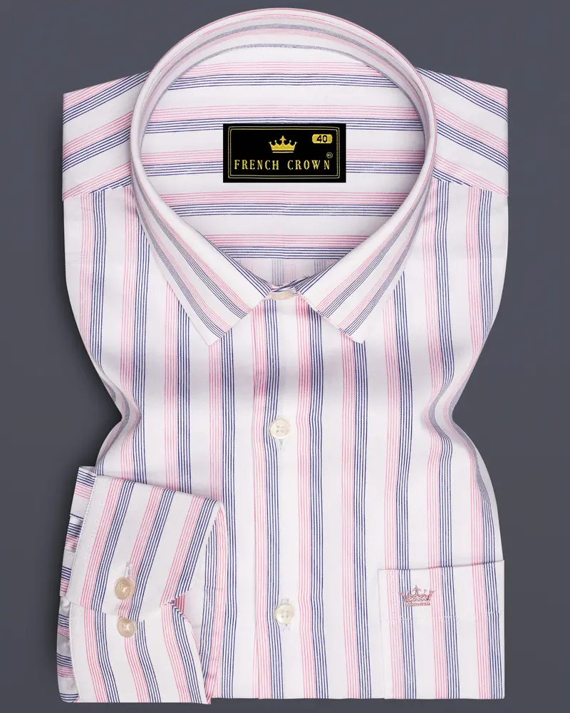 Linearo-Bright White And Flare Pink Striped Subtle Sheen Super Soft Premium Cotton Dress Shirt 6