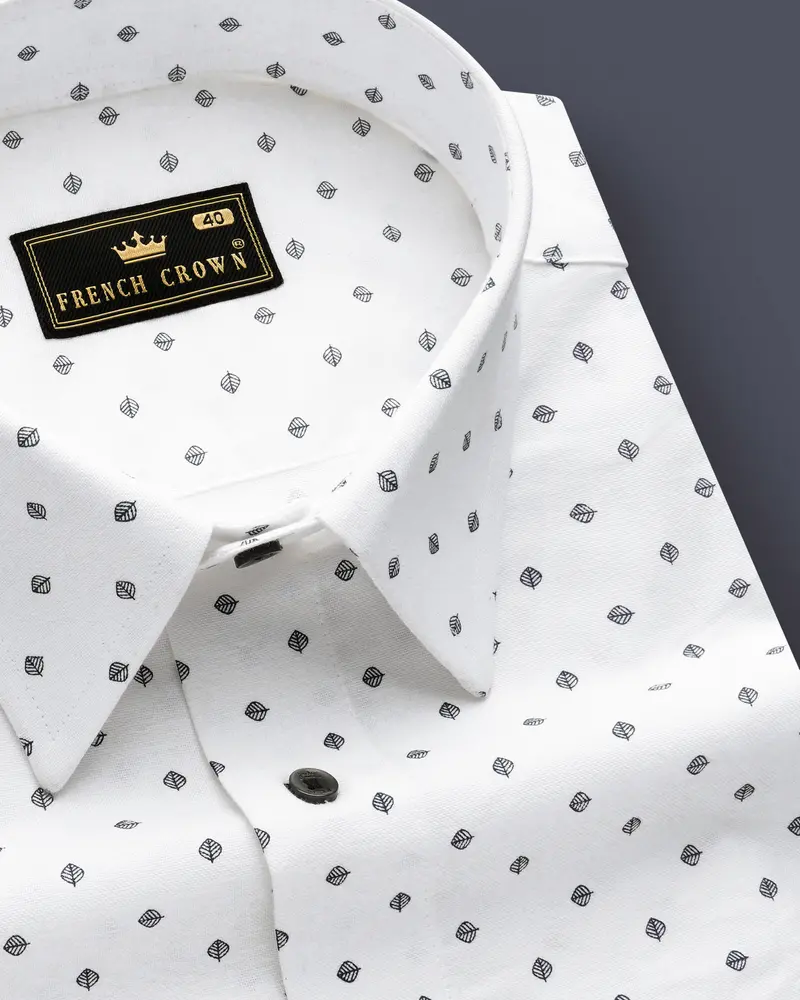 Linenleaf-Bright White Leaf Printed Oxford Premium Cotton Dress Shirt 1