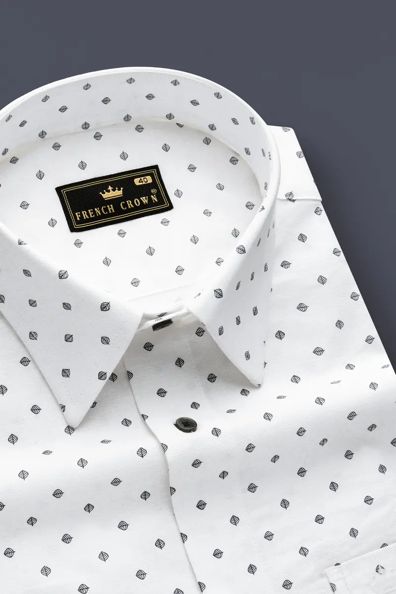 Linenleaf-Bright White Leaf Printed Oxford Premium Cotton Dress Shirt 2