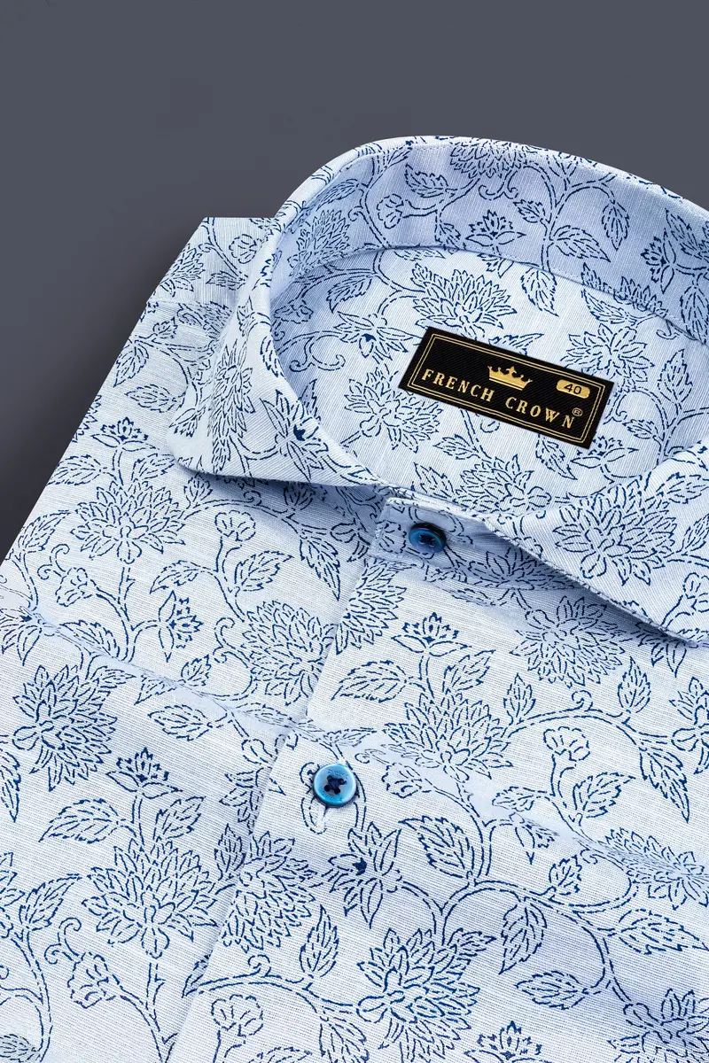 Link Water Blue With Madison Blue Leaves Printed Luxurious Linen Shirt 1