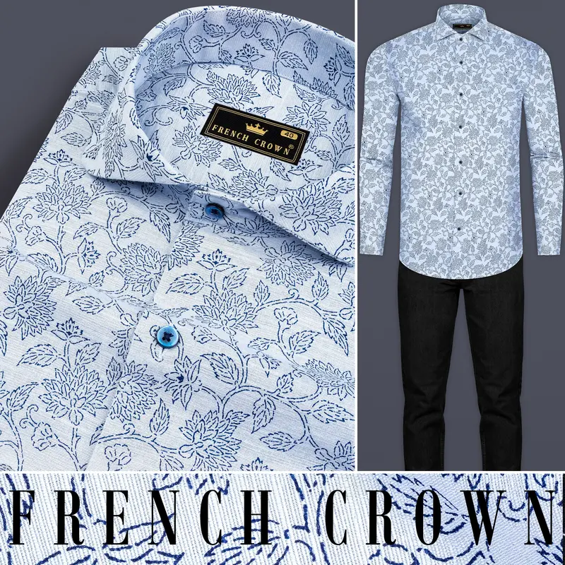 Link Water Blue With Madison Blue Leaves Printed Luxurious Linen Shirt 10