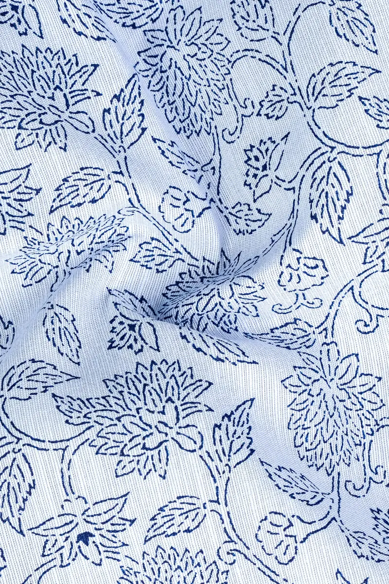 Link Water Blue With Madison Blue Leaves Printed Luxurious Linen Shirt 2