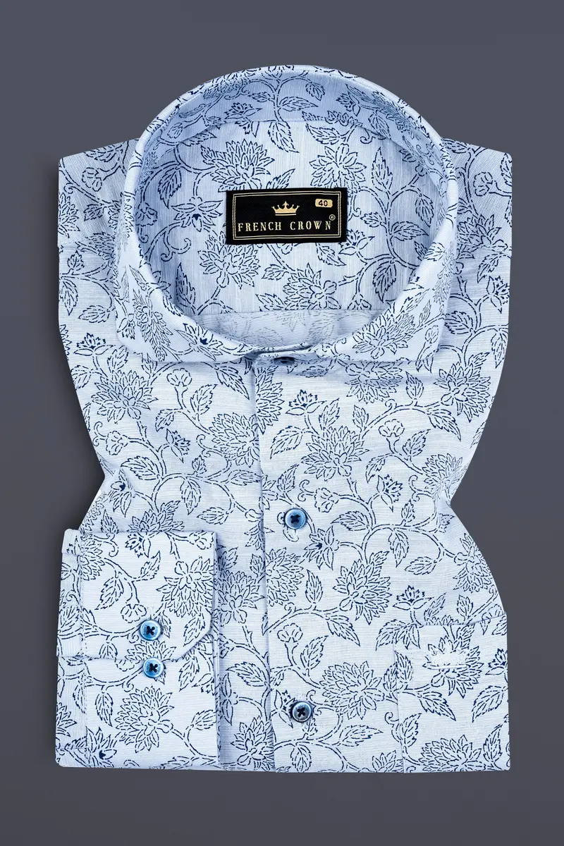 Link Water Blue With Madison Blue Leaves Printed Luxurious Linen Shirt 3