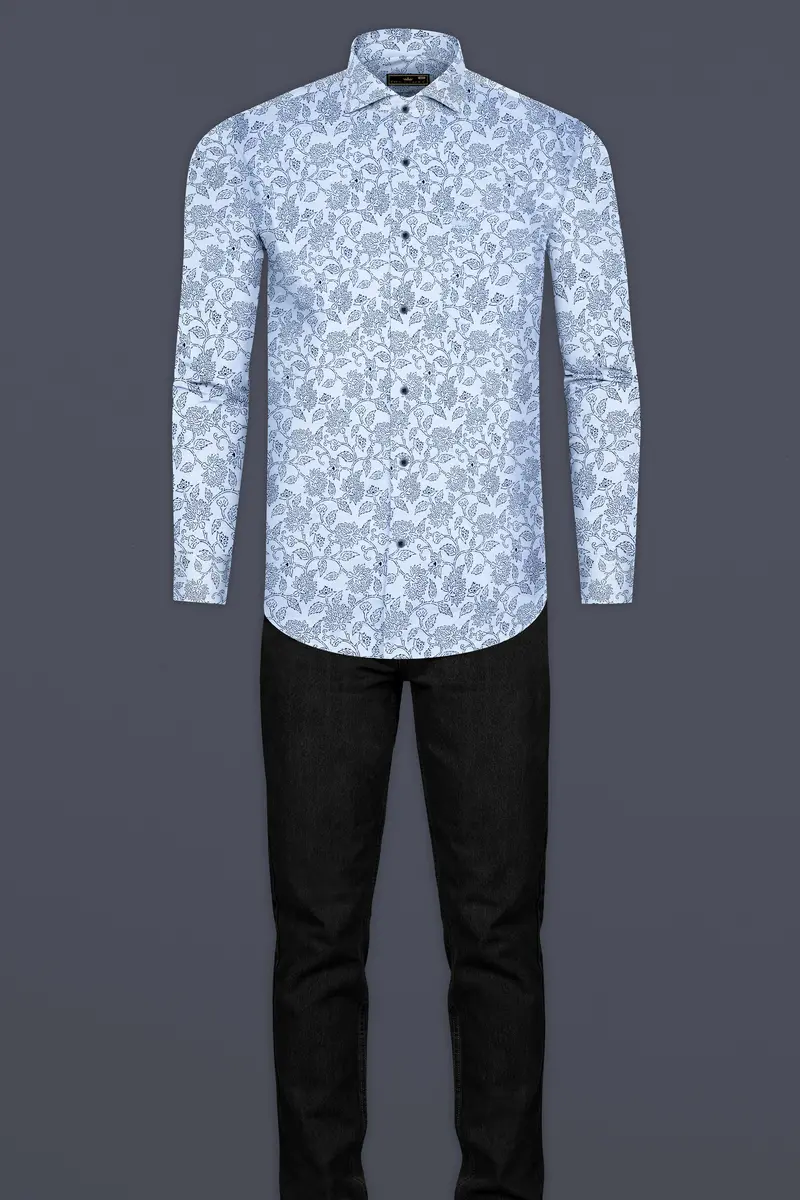 Link Water Blue With Madison Blue Leaves Printed Luxurious Linen Shirt 5
