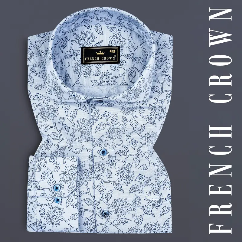 Link Water Blue With Madison Blue Leaves Printed Luxurious Linen Shirt 7