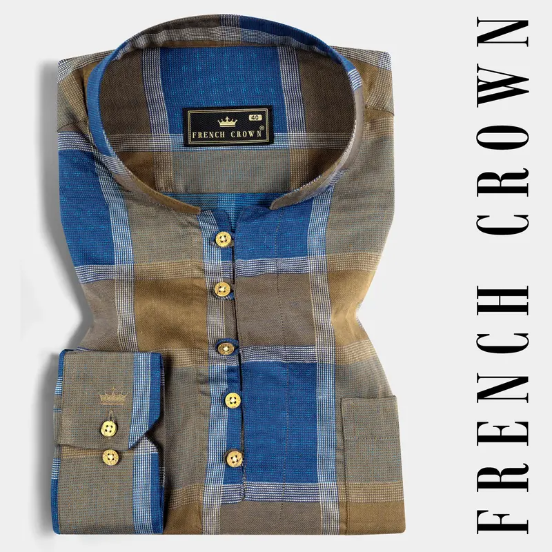 Lochmara Blue With Pesto Brown Checked Dobby Textured Premium Giza Cotton Kurta Shirt 1