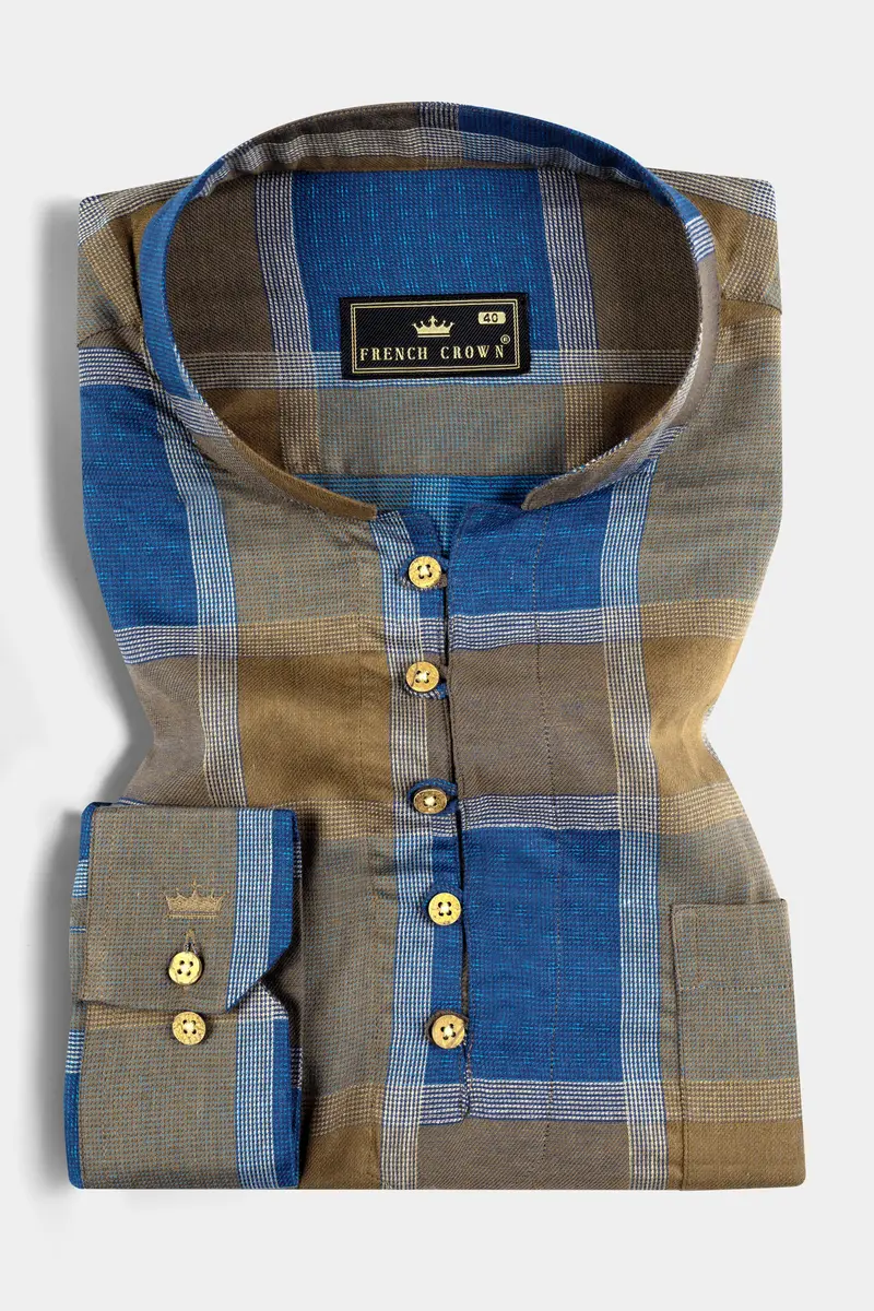 Lochmara Blue With Pesto Brown Checked Dobby Textured Premium Giza Cotton Kurta Shirt 2