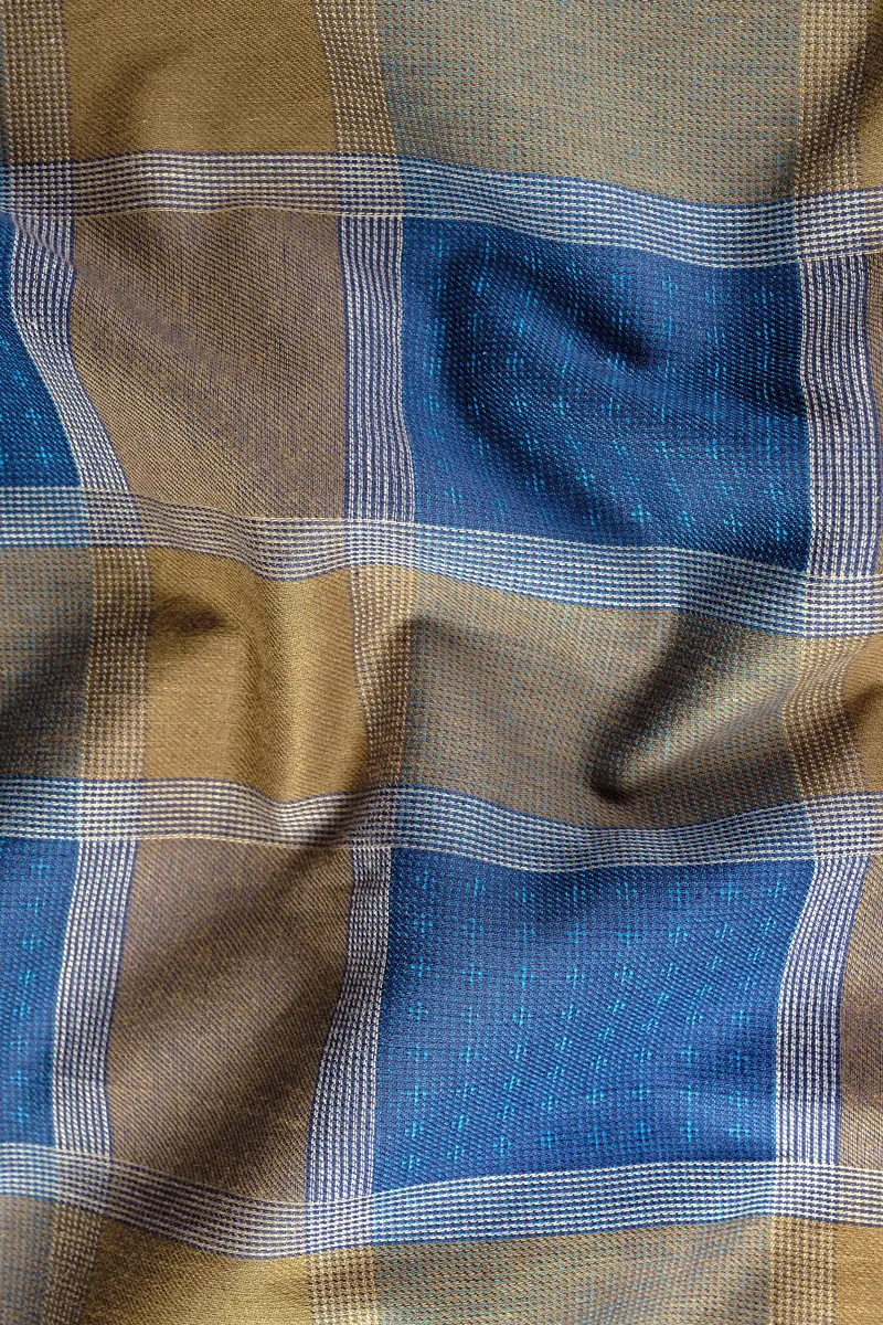 Lochmara Blue With Pesto Brown Checked Dobby Textured Premium Giza Cotton Kurta Shirt 3