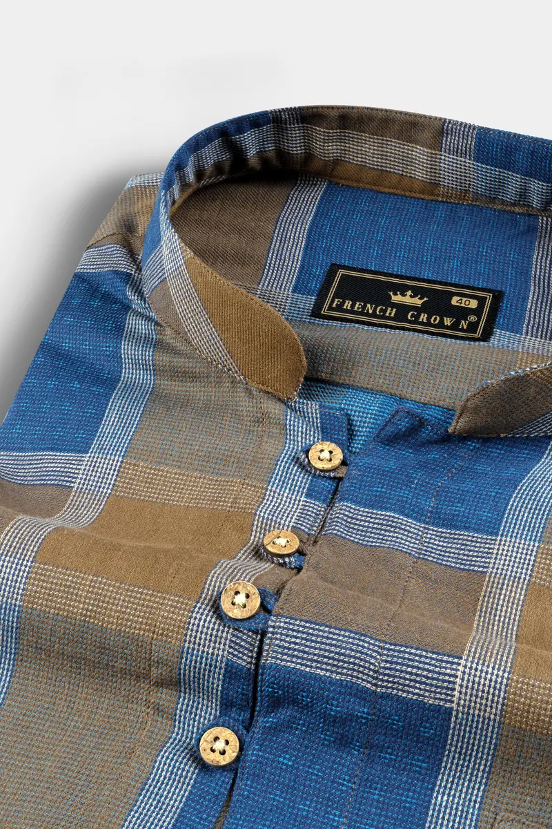 Lochmara Blue With Pesto Brown Checked Dobby Textured Premium Giza Cotton Kurta Shirt 4