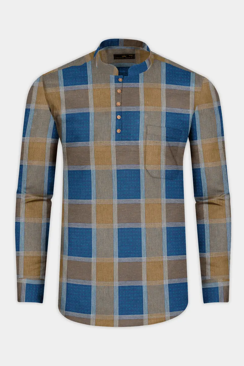 Lochmara Blue With Pesto Brown Checked Dobby Textured Premium Giza Cotton Kurta Shirt 5