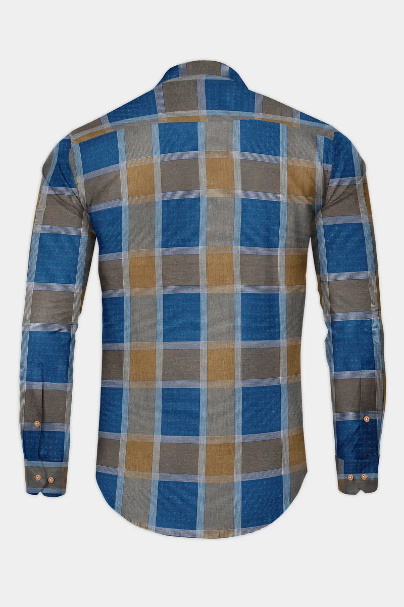 Lochmara Blue With Pesto Brown Checked Dobby Textured Premium Giza Cotton Kurta Shirt 6