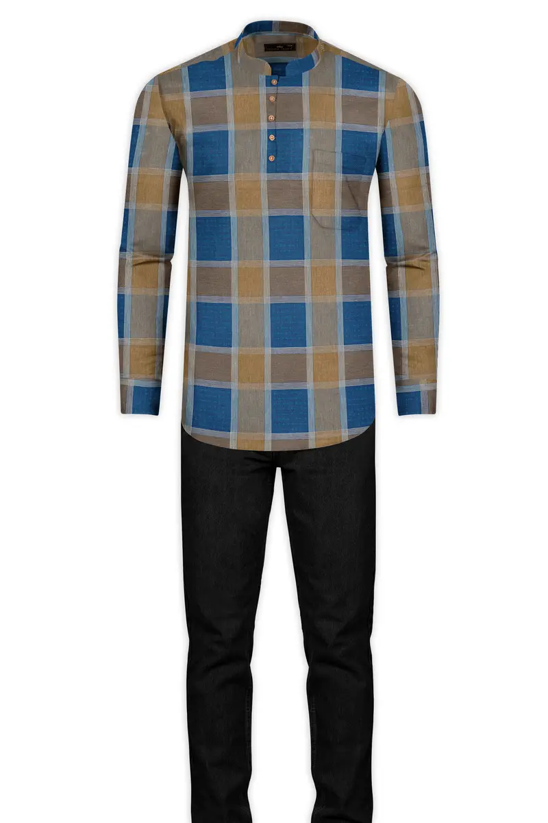 Lochmara Blue With Pesto Brown Checked Dobby Textured Premium Giza Cotton Kurta Shirt 7