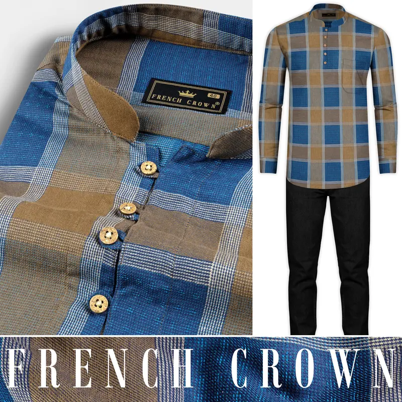 Lochmara Blue With Pesto Brown Checked Dobby Textured Premium Giza Cotton Kurta Shirt 8